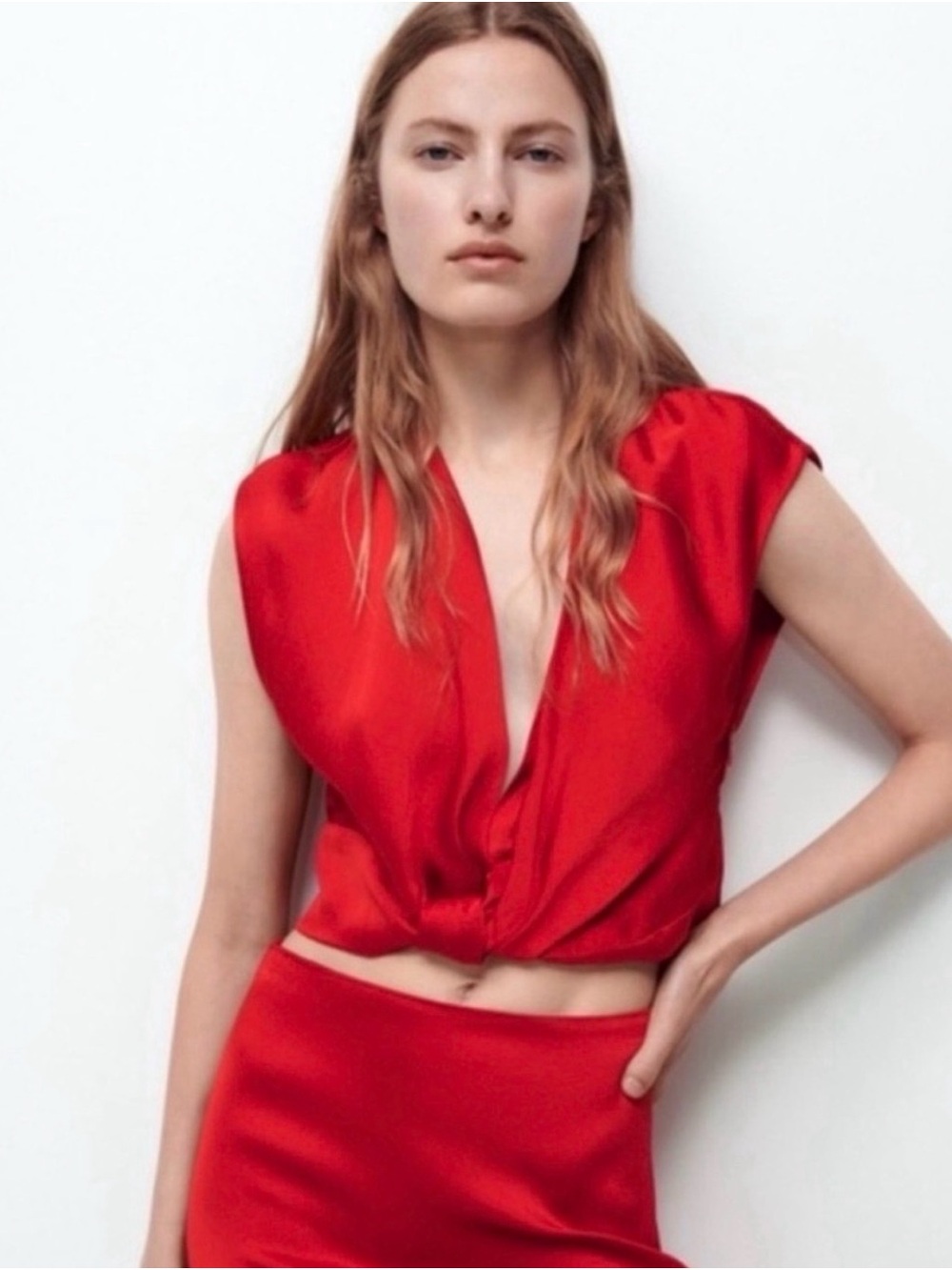 Zara Red Satin Twist-Front V-Neck Blouse